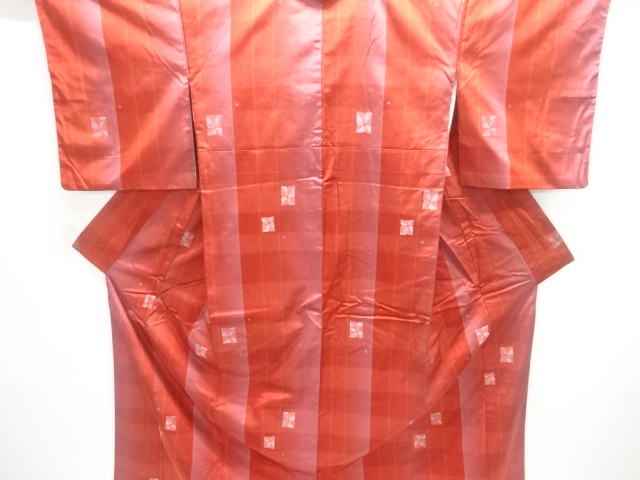 JAPANESE KIMONO / ENSEMBLE KIMONO / SILK / YONEZAWA TSUMUGI / WOVEN STRIPE & ABSTRACT FLOWERS